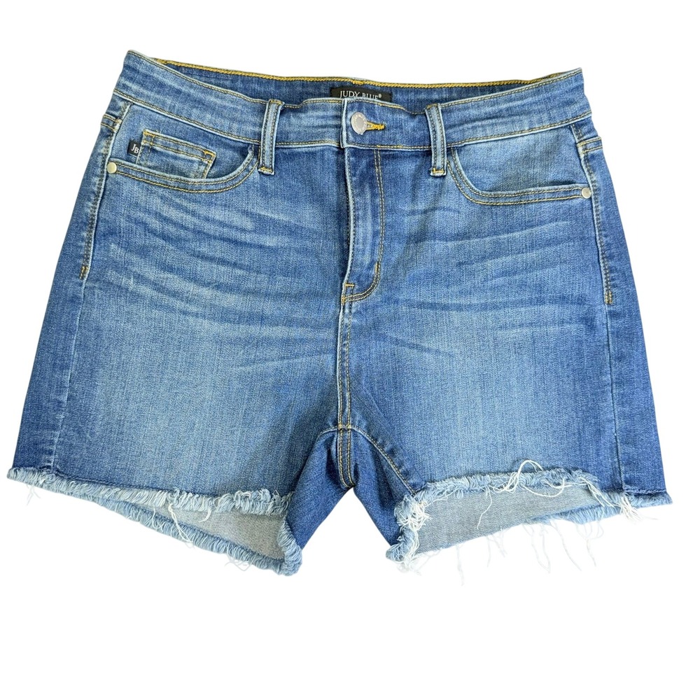 Judy Blue Denim Shorts Womens Large Blue Raw Hem High Rise Stretch 30in Waist